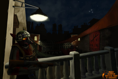 ace_of_spades ambiguous_gender anthro armor awning balcony body_armor city clothed clothing detailed_background duo gas_mask gloves gun handwear headgear helmet holding_gun holding_object holding_ranged_weapon holding_rifle holding_weapon lamp mask military_uniform night outside poster_(object) ranged_weapon rifle standing text ufo uniform weapon yellow_eyes sangwinaris project_silverfish inheritor lizard reptile scalie 2025 detailed digital_media_(artwork) english_text hi_res shaded