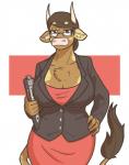 anthro big_breasts breasts chest_tuft cleavage clothed clothing dress eyewear female glasses hand_on_hip huge_breasts solo tuft wide_hipped_female wide_hips slightlysimian european_mythology greek_mythology mythology molly_(slightlysimian) bovid bovine cattle mammal minotaur hi_res