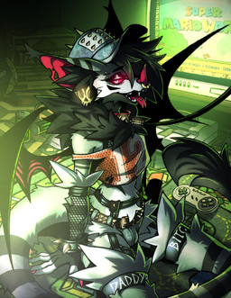 anthro armwear bracelet bulge claws clothing collar controller crop_top denim denim_clothing facial_piercing fishnet_armwear fishnet_clothing fishnet_topwear fur game_controller gaming garter_straps glowing glowing_eyes harness hat headgear headwear jewelry leash leash_pull leashed_collar male markings membrane_(anatomy) membranous_wings piercing red_claws red_sclera retro retro_controller shirt solo spiked_bracelet spikes streetwear striped_body striped_fur striped_markings striped_tail stripes submissive submissive_male tail tail_markings topwear white_eyes wings khazhollows mario_bros nintendo khaz_hollows_(character) bat domestic_cat felid feline felis humanoid mammal hi_res