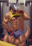 abs after_exercise anthro armor barazoku beard big_bulge big_muscles bodily_fluids body_hair bottomwear bulge chest_hair clothed clothing facial_hair fingerless_gloves gloves hair handwear headgear helmet horn inside locker_room male muscular muscular_anthro muscular_male navel nipples obliques pecs pubes raised_clothing raised_shirt raised_tank_top raised_topwear shirt shorts smile solo standing sweat tank_top topwear undressing raythefox bandai_namco digimon fan_character solgreymon digimon_(species) wargreymon 2021 hi_res