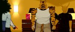 anthro bottomwear clothed clothing fur group hand_holding male male/male muscular muscular_anthro muscular_arms muscular_male rear_view shirt stripes tail tank_top text topwear yellow_body yellow_fur itstoshi felid felidae feline kangaroo macropod mammal marsupial pantherine tiger 7:3 digital_media_(artwork) english_text hi_res shaded