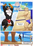 absurd_res anthro beach biped bulge canid canine canis clothing comic detailed_bulge digitigrade domestic_dog english_text folsky good_boy group hi_res male male_anthro mammal outside plantigrade speedo sport swimwear text tongue tongue_out trio url volleyball