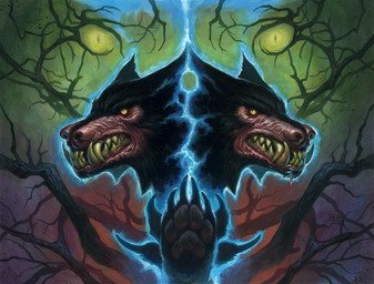 4_toes ambiguous_gender angry black_body black_fur claws feet fur green_background group looking_at_viewer looking_up magic pawpads plant sharp_teeth simple_background snarling teeth toes tree steve_prescott hasbro magic:_the_gathering wizards_of_the_coast canid canine canis mammal wolf official_art traditional_media_(artwork)