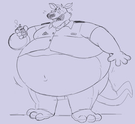 3_toes 4_fingers anthro belly big_belly bodily_fluids bottomwear can clothing container feet fingers male navel obese obese_male open_mouth overweight overweight_male pants shirt simple_background solo sweat toes topwear snorts brok_the_investigator cowcat_games sin_silver kangaroo macropod mammal marsupial 2025