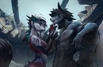 anthro blood bodily_fluids clothed clothing duo female fur hair jewelry male muscular muscular_male necklace scar smile text bonifasko blaze_monstrosity canid canine canis hyena mammal spotted_hyena wolf