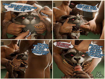 anthro bodily_fluids border cum cum_in_mouth cum_inside fellatio genital_fluids group male male/male mind_break onomatopoeia oral penile restrained saliva sex sound_effects speech_bubble text trio until_they_like_it white_border aeththefoxdeer guardians_of_the_galaxy marvel marvel_rivals rocket_raccoon human mammal procyonid raccoon 3d_(artwork) absurd_res comic digital_media_(artwork) english_text hi_res