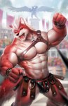 abs anthro bulge clothing countershade_torso countershading cross cross_necklace fist fur gladiator hair jewelry leather leather_clothing leather_underwear male muscular muscular_anthro muscular_arms muscular_male necklace pecs red_body red_eyes red_fur scar underwear warrior white_hair dalluwn canid canine canis mammal wolf 2019