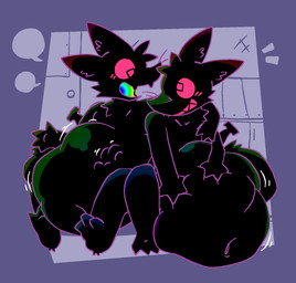 3_toes 4_fingers abdominal_bulge anthro arm_around_shoulders belly big_belly black_body black_fur blush clone duo feet fingers fur hand_on_belly motion_lines navel open_mouth sitting smile tail teeth toes vore pawplants veecee void_fluff 2026 hi_res nonbinary_(lore)