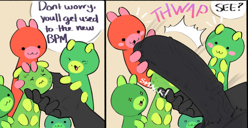 2_antennae ambiguous_gender antennae_(anatomy) anthro balls bestiality big_balls big_penis black_eyes blush bodily_fluids exclamation_point feral genitals green_antennae green_body group hand_on_face male male/ambiguous multicolored_body penis penis_on_face pink_antennae pink_body pubes question_mark red_body sweat text three-quarter_view two_tone_body vein veiny_penis sushiamazing bits_and_bops sushi_(sushiamazing) arthropod caterpillar domestic_cat felid feline felis insect larva mammal 2025 absurd_res digital_media_(artwork) english_text hi_res