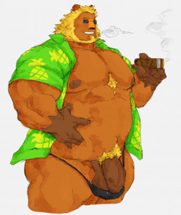 anthro balls beard blunt body_hair chest_hair cigar clothed clothing eyewear facial_hair genitals male muscular muscular_male nipples open_clothing open_shirt open_topwear overweight pecs penis pubes shirt simple_background smoking solo sunglasses thong thong_down topwear underwear white_background phosbara animal_crossing nintendo bud_(animal_crossing) felid lion mammal pantherine