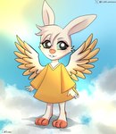 anthro clothing cloud feathered_wings feathers female freckles fur outside robe sky skyscape solo sun white_body white_fur wings caliluminos angel_hare the_east_patch angel_gabby angel angel_hare_(the_east_patch) hare lagomorph leporid mammal rabbit absurd_res hi_res