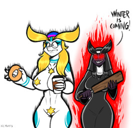 anthro big_breasts black_eyebrows black_hair blonde_eyebrows blonde_hair breasts coffee_cup container cross cup dessert doughnut duo eyebrows female food glowing glowing_body glowing_eyes hair hexagram holding_object huge_breasts jewelry markings necklace nun_outfit nun_veil paddle pasties pastry red_eyes religion religious_symbol scared sharp_teeth smile star_of_david symbol teeth text white_body noncomposmentisstuff judaism mythology aijou yaojou dragon jou mythological_creature mythological_scalie scalie 2022 colored digital_drawing_(artwork) digital_media_(artwork) signature