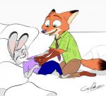 anthro barefoot bed bottomwear canid canine cheek_tuft clothed clothing dipstick_ears disney duo eyes_closed facial_tuft feet fox fully_clothed fur furniture gokhan16 green_eyes grey_body grey_fur head_tuft hi_res judy_hopps kneeling lagomorph leporid looking_at_another lying mammal multicolored_ears neck_tuft necktie nick_wilde on_back on_bed open_mouth open_smile orange_body orange_fur pants pillow rabbit red_fox shirt smile t-shirt tail tail_motion tailwag tickling topwear true_fox tuft white_body white_fur zootopia