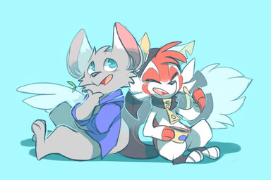 ambiguous_gender anthro black_nose blue_background blue_clothing blue_eyes blue_shirt blue_topwear bottomless bowl clothed clothing container duo eyes_closed feet fur grass_in_mouth grey_body grey_fur handpaw head_tuft hindpaw holding_bowl holding_container holding_object open_mouth open_smile orange_body orange_fur paws pink_inner_ear pink_tongue shirt simple_background sitting smile tail tongue topwear tuft white_body white_fur yellow_inner_ear zipper yassui nintendo pokemon fan_character ailurid generation_5_pokemon mammal minccino pokemon_(species) red_panda 2014 cel_shading digital_drawing_(artwork) digital_media_(artwork) shaded