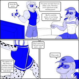 anthro baseball_cap biceps bottomwear classroom clothed clothing dialogue duo electronics eyewear furniture glasses growth hat headgear headwear male muscle_growth muscular muscular_anthro muscular_male on_sofa open_mouth pawpads pecs school shorts sitting sleeveless_shirt smile sofa speech_bubble stated_homosexuality stated_sexuality television text tight_clothing nx-42 immelmann_(character) sands canid canine canis domestic_dog mammal scalie 1:1 absurd_res comic english_text hi_res