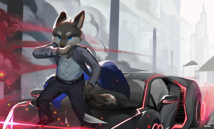 action_pose anthro belt blue_eyes car city clothing covering_nose fast fur grey_body grey_fur male pose smoke solo sparkles suit tan_body tan_fur vehicle fur_alasky lamborghini hieurover canid canine canis mammal wolf digital_media_(artwork) hi_res