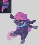 anthro biped blue_body blue_fur cute_fangs eyebrows fangs female fur genitals grey_background hair horn long_hair multicolored_body pink_body pink_eyes pupils purple_body pussy simple_background solo standing teeth skeleton265 palworld pocketpair daedream pal_(species)