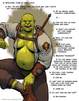 bald bodily_fluids boots bottomwear clothing dialogue footwear green_body green_skin harness interview legwear male melee_weapon not_furry open_mouth overweight overweight_humanoid overweight_male pants shirt shoes socks solo sweat sword text topwear tusks undressing weapon cureboltium humanoid orc 2017 digital_media_(artwork) english_text hi_res