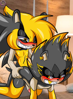 anal anal_penetration anthro armwear black_body black_fur clothing doggystyle duo ear_piercing eyeshadow from_behind_position fur genitals gold_(metal) gold_tooth legwear looking_at_another looking_down looking_pleasured makeup male male/male penetration penis piercing scar sex sharp_teeth smile teeth yellow_body yellow_eyes yellow_fur sirjzau sega sonic_the_hedgehog_(series) fan_character zau_the_tenrec afrosoricid mammal tenrec absurd_res character_request hi_res