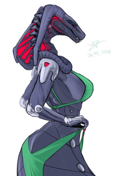 5_fingers anthro apode arm_markings big_breasts bikini black_sclera bottomwear breasts claws clothing exoskeleton fangs female fingers furgonomic_bottomwear furgonomics glowing glowing_claws glowing_eyes glowing_hood green_bikini green_clothing green_swimwear grey_body legless looking_sideways markings metallic_body multicolored_body neck_spines non-mammal_breasts pulling_bikini_up pupils purple_body red_claws red_eyes segmented_body segmented_neck segmented_tail serpentine shoulder_markings side_view simple_background snake_hood solo swimwear synthetic_muscles teeth two-piece_swimsuit unusual_pupils white_background xenthetechnomorph xen_(xenthetechnomorph) draconcopode naga reptile robot_anthro scalie snake snake_naga 2024 colored_sketch dated digital_media_(artwork) hi_res signature sketch