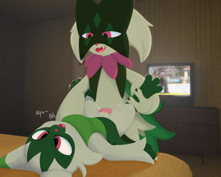 ambiguous_fluids anthro bed claws clothing duo female female_penetrated fur furniture genitals green_body green_fur knot knotted_penis leg_grab looking_at_another looking_pleasured looking_up lying male male/female male_penetrating mask on_back on_bed open_mouth penetration penis pink_eyes shaking spread_legs spreading trembling vulva wemacaten epic_games fortnite nintendo pokemon camille_(fortnite) felid feline floragato generation_9_pokemon humanoid mammal meowscarada pokemon_(species) hi_res