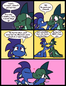 4_fingers anthro anthro_on_anthro balls blue_body blue_scales bodily_fluids breasts claws cute_fangs dialogue duo eye_contact fangs female finger_claws fingers flaccid genitals glans green_balls green_body green_hair green_scales hair hand_on_head head_grab intraspecies kissing kneeling looking_at_another male male/female nipples non-mammal_breasts penis pink_glans pink_nipples pink_penis purple_hair scales shoulder_grab speech_bubble tears teeth text white_claws ultilix european_mythology mythology emerald_(ultilix) ruby_(ultilix) dragon mythological_creature mythological_scalie scalie western_dragon 2026 comic english_text hi_res brother_(lore) brother_and_sister_(lore) incest_(lore) sibling_(lore) sister_(lore)