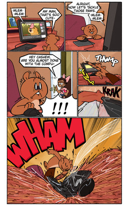 anthro book bow_ribbon brown_body brown_fur computer computer_keyboard computer_mouse computer_screen desk destroyed destruction dialogue door doorway duo electronics exclamation_point female freckled_face freckles fur furniture male mouse_pad personal_grooming picture_frame rolling_chair smashing speech_bubble surprised table text tongue tongue_out young fullhero cashew_and_belle youtube beau_(fullhero) cashew_(fullhero) felid human mammal pantherine rodent sciurid tiger tree_squirrel comic digital_media_(artwork) english_text hi_res