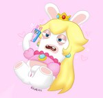 blonde_hair bottomless cellphone clothed clothing electronics female genitals hair phone pussy solo nikumeats mario_bros mario_plus_rabbids_kingdom_battle nintendo raving_rabbids rayman_(series) ubisoft rabbid_peach lagomorph mammal rabbid crossover