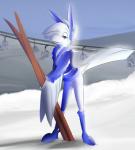 anthro avian beak bedroom_eyes bird boots breezy_(lotp) clothed clothing corrvo eyebrows eyelashes fake_ears fake_rabbit_ears feather_6 feathered_wings feathers female footwear half-closed_eyes hi_res narrowed_eyes seductive snow solo white_body white_feathers white_fire_(character) wings