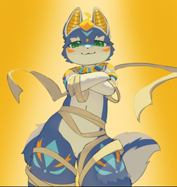 accessory anthro blue_body blue_fur clothing crossed_arms egyptian egyptian_clothing fur gradient_background green_eyes kemono looking_at_viewer low-angle_view male navel simple_background solo usekh wrappings young young_anthro young_male hauhau_mg production_taiikukan lion_(fw_rion) canid canine fox mammal 2025