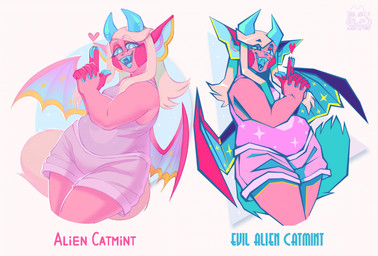 2_horns anthro bat_wings blonde_hair blue_eyes blue_horn blue_mouth blue_sclera blue_teeth blue_tongue bottomwear breasts clothing duo eyeshadow fangs female finger_gun gesture glistening glistening_horn hair hand_gesture heart_symbol horn long_hair looking_at_viewer makeup membrane_(anatomy) membranous_wings moon_print open_mouth open_smile overweight overweight_anthro overweight_female pink_body pink_eyeshadow purple_bottomwear purple_clothing purple_shirt purple_shorts purple_tank_top purple_topwear sabertooth_(anatomy) shirt shorts smile smiling_at_viewer star_print tail tank_top teeth text tongue topwear wide_hips wings daydream_cahoot vasya_(daydream_cahoot) bat felid feline hybrid mammal cel_shading digital_drawing_(artwork) digital_media_(artwork) english_text hi_res shaded watermark