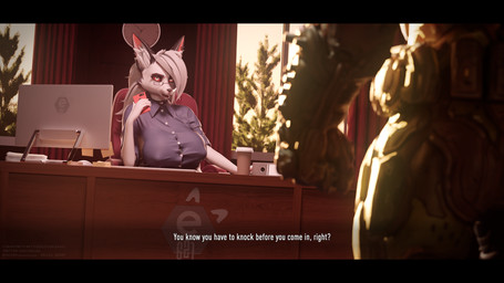 5_fingers angry annoyed anthro armor big_breasts black_bars breasts cellphone chair clothed clothing computer detailed_background duo ear_piercing ear_ring electronics erect_nipples female fingers fur furniture hair holding_object huge_breasts inner_ear_fluff inside looking_at_another male male/female nipple_outline nipples office office_chair phone piercing plant red_sclera ring_piercing shirt smartphone table text thick_thighs topwear tuft white_body white_fur orilas orilas_(modeler) doom_(series) e621 hellaverse helluva_boss id_software microsoft mythology doom_slayer loona_(helluva_boss) canid canid_demon canine demon hellhound human humanoid mammal mythological_canine mythological_creature 16:9 2022 3d_(artwork) 4k absurd_res blender_(artwork) digital_media_(artwork) english_text hi_res letterbox widescreen