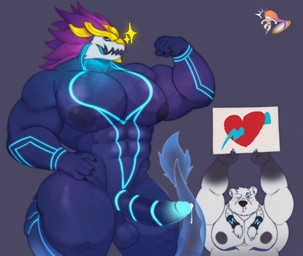 5_fingers abs anthro balls belly black_body black_claws black_fur black_nipples black_nose blood blue_claws blue_eyes blush blush_lines bodily_fluids braided_hair claws duo erection eyebrows eyes_closed facial_markings fingers fist flexing fur fur_markings genital_fluids genitals hair hand_on_hip head_markings heart_symbol humanoid_genitalia humanoid_penis looking_at_another looking_at_partner male markings multicolored_body multicolored_fur multicolored_penis musclegut muscular muscular_anthro muscular_male nipples no_pupils no_sclera nosebleed penis poster precum purple_body purple_hair purple_nipples purple_skin simple_background slightly_chubby smile sparks standing transparent_tail white_body white_eyebrows white_fur dvzk league_of_legends mythology riot_games tencent aurelion_sol_(lol) volibear bear dragon eastern_dragon mammal mythological_creature mythological_scalie polar_bear scalie ursine 2026 digital_drawing_(artwork) digital_media_(artwork) hi_res shaded