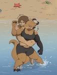 anthro beach beard bodily_fluids breasts clothed clothing duo facial_hair female hair horn male sand sea seaside swimwear tears water hoc2pus scalie absurd_res digital_media_(artwork) hi_res