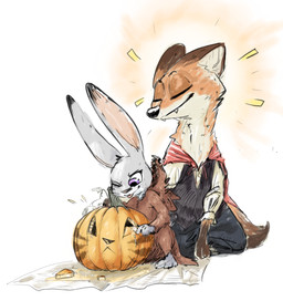 anthro clothed clothing duo eyes_closed female food fruit fur holidays male onesie plant pumpkin simple_background nobby_(artist) third-party_edit disney halloween zootopia judy_hopps nick_wilde canid canine fox lagomorph leporid mammal rabbit red_fox true_fox vampire hi_res source_request