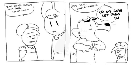 4_fingers anthro bell biped clothed clothing dialogue drunk exclamation_point fingers group humor joke male plushie ring shirt smug substance_intoxication teddy_bear teeth text topwear two_panel_image coffinpaws tamagotchi eugene_(raichupuppy) pooky_(raichupuppy) topsy_(raichupuppy) bear canid canine fox mammal black_and_white comic english_text monochrome