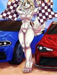 4_toes 5_fingers aligned_feet anthro areola black_nose blonde_hair blue_eyes breasts car checkered checkered_flag claws day detailed_background digitigrade dual_holding eyebrows eyelashes feet female fingers flag flag_(object) fur genitals hair heterochromia hindpaw holding_flag holding_object humanoid_hands inner_ear_fluff long_hair looking_at_viewer navel nipples nude outside pawpads paws pussy race_queen sky smile solo standing toe_claws toes tuft vehicle white_body white_fur yellow_eyes redcreator sadie_(desertpunk06) american_eskimo canid canine canis domestic_dog mammal spitz 2021 digital_media_(artwork) hi_res signature