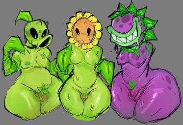 anthro balls big_butt black_sclera bodily_fluids bottom_heavy butt femboy flaccid flower genitals green_body green_skin grin group huge_butt humanoid_genitalia humanoid_penis leaf leaf_arms leaf_pubes male moobs pear-shaped_figure penis plant purple_body purple_skin sharp_teeth smile sweat sweatdrop teeth thick_thighs trio wide_hips gat0pussy24 electronic_arts mario_bros nintendo plants_vs._zombies popcap_games petey_piranha elemental_creature flora_fauna flower_creature peashooter_(pvz) piranha_plant sunflower_(pvz) hi_res