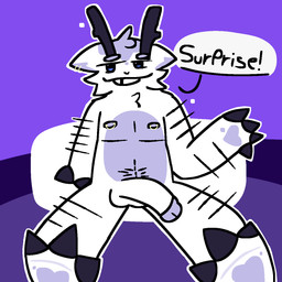 anthro antlers bed black_antlers black_hooves blue_eyes dialogue ear_piercing flaccid fur furniture genitals hooves horn humanoid_genitalia kit_(pugxelz) male multicolored_body nipple_piercing nipples nude_anthro nude_male on_bed penis piercing presenting purple_body purple_fur sitting sitting_on_bed solo text two_tone_body white_body white_fur pugxelz cervine deer mammal hi_res
