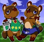 anthro apron blue_apron blue_clothing blue_eyes brown_body brown_fur clothing duo fur kemono male money money_bag necktie shirt sweater topwear matatabi88 tiri_mama animal_crossing nintendo tom_nook_(animal_crossing) canid canine mammal raccoon_dog tanuki 2015