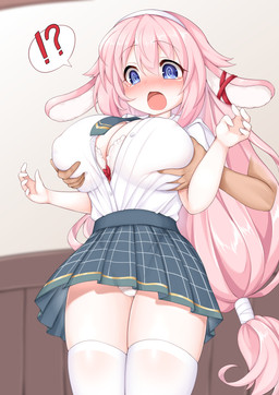 ambiguous_gender big_breasts blue_eyes blush bodily_fluids bottomwear bra breast_grab breasts clothed clothing disembodied_hand duo eyebrow_through_hair eyebrows female female/ambiguous groping_from_behind hair hand_on_breast interrobang legwear long_hair panties panty_shot pink_hair school_uniform skirt solo_focus surprised tears thigh_highs translucent translucent_hair underwear uniform kinomikinobori azur_lane i-25_(azur_lane) animal_humanoid humanoid lagomorph lagomorph_humanoid leporid_humanoid mammal mammal_humanoid rabbit_humanoid absurd_res hi_res