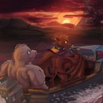 anthro boat clothing collar detailed_background duo ear_piercing ear_ring facial_piercing furgonomics furry-specific_piercing lake looking_at_another looking_back male motorboat_(boat) muscular muscular_male nose_piercing nose_ring piercing poncho ring_piercing shirtless sunset vehicle watercraft crossroadspony raemyshu rvb_revolution andee_(rvb_revolution) samael_wurlitz bat chupadore mammal