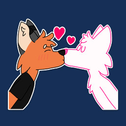 ambiguous_gender anthro biped black_nose blush clothing dark_clothing duo fur hair happy heart_symbol kissing male markings monotone_clothing orange_body orange_fur outline shirt simple_background sticker t-shirt telegram_sticker topwear tuft moltenfox_(artist) anon anonymous molten_(moltenfox) ych_(character) canid canine fox mammal 1:1 alpha_channel hi_res