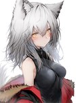 bite_mark blush breasts clothed clothing emanata female female_humanoid fluffy_ears fur grey_body grey_fur grey_hair hair jacket looking_at_viewer love_bite simple_background solo topwear white_background yellow_eyes tabhead arknights hypergryph studio_montagne projekt_red_(arknights) animal_humanoid canid canid_humanoid canine canine_humanoid humanoid mammal mammal_humanoid wolf_humanoid 2021 absurd_res digital_media_(artwork) hi_res translated_description