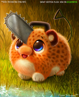 alternate_species ambiguous_gender blue_eyes brown_body brown_fur chainsaw fangs feral fur grass multicolored_eyes open_mouth orange_body orange_fur outside plant power_tool purple_eyes solo teeth text tools water white_body white_fur piper_thibodeau chainsaw_man pochita_(chainsaw_man) animate_inanimate cheetah demon felid feline mammal 2022 digital_media_(artwork) digital_painting_(artwork) english_text painting_(artwork)