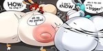anthro areola big_breasts big_butt biped breasts butt clothed clothing dialogue duo female female/female female_anthro hair huge_breasts hyper hyper_breasts legwear nipples open_mouth simple_background tail text thick_thighs wide_hips persipeach clare_(themushlord) tiffany_(persipeach) lagomorph leporid mammal rabbit absurd_res comic digital_media_(artwork) english_text hi_res