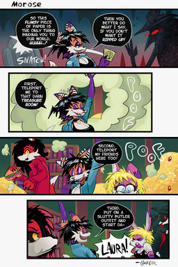 anthro black_choker black_hair black_jewelry black_necklace black_sclera black_speech_bubble blonde_hair blue_clothing blue_eyes blue_jacket blue_topwear bookshelf breasts choker clothing dialogue ear_piercing eating eyeshadow female food fur furniture gold_(metal) group hair head_wings highlights_(coloring) industrial_piercing industrial_piercing_ladder jacket jewelry makeup male multicolored_hair necklace orange_body orange_fur piercing pink_body pink_fur pink_highlights poof purple_body purple_eyeshadow purple_fur purple_hair red_body red_clothing red_fur red_jacket red_topwear red_trenchcoat sandwich_(food) text topwear treasure_hoard two_tone_hair unusual_wing_placement white_body white_fur wings yellow_eyes boker sa krystal_can't_enjoy_her_sandwich hanged_man_(boker) laura_derose mary_(boker) val_(boker) bat-eared_fox canid canine canis demon fox lagomorph leporid mammal rabbit red_wolf wolf 2:3 comic english_text meme