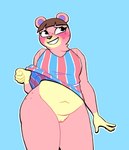 anthro blue_background blush bottomless clothed clothing clothing_lift embarrassed female genitals grin pussy shirt shirt_lift simple_background smile solo topwear lovetopullmicke animal_crossing nintendo ursala_(animal_crossing) bear mammal absurd_res hi_res