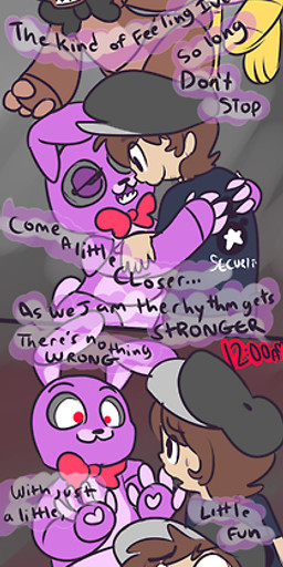 ambiguous_gender anthro bib blood bodily_fluids bow_(feature) bow_tie electric_guitar eye_patch eyewear female guitar hook hook_hand machine male music musical_instrument newspaper pirate plucked_string_instrument song string_instrument text mt five_nights_at_freddy's scottgames bonnie_(fnaf) chica_(fnaf) classic_chica_(fnaf) foxy_(fnaf) freddy_(fnaf) mike_schmidt animatronic avian bear bird canid canine fox human lagomorph leporid mammal rabbit robot better_version_at_source comic english_text hi_res long_image tall_image
