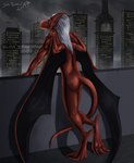 anthro building butt city city_background clock clock_tower cloud frown hair horn humanoid_pointy_ears male membrane_(anatomy) membranous_wings night nude pointy_ears rear_view red_body solo tail white_hair wings epantiras disney gargoyles brooklyn_(gargoyles) gargoyle scalie 2009